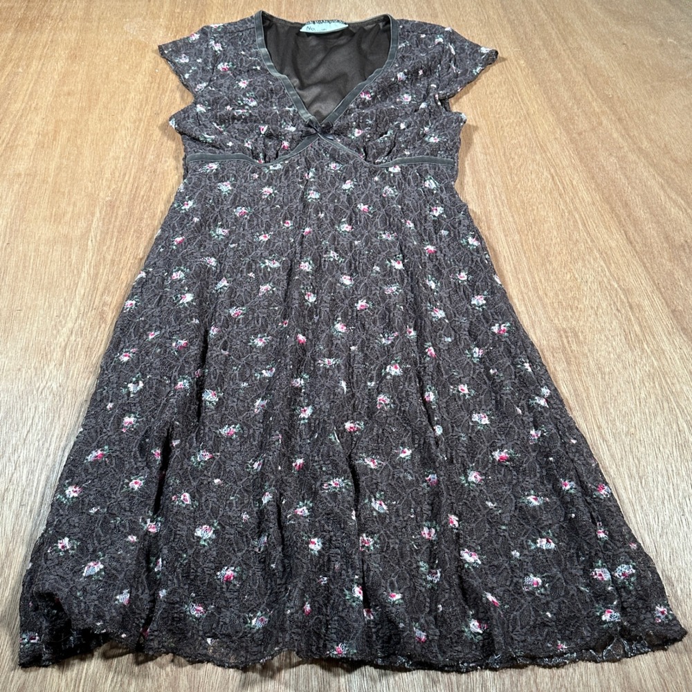 No Boundaries Lace Floral Dress Women S Brown Y2K Empire Waist V-Neck Bow